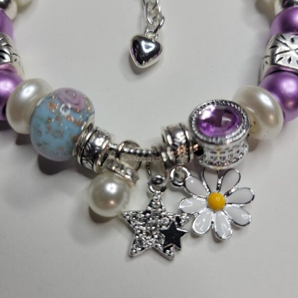 NWT Pandora Style Charm Bracelet Purple Passion Silver White Daisy Stars, Medium - Picture 4 of 7
